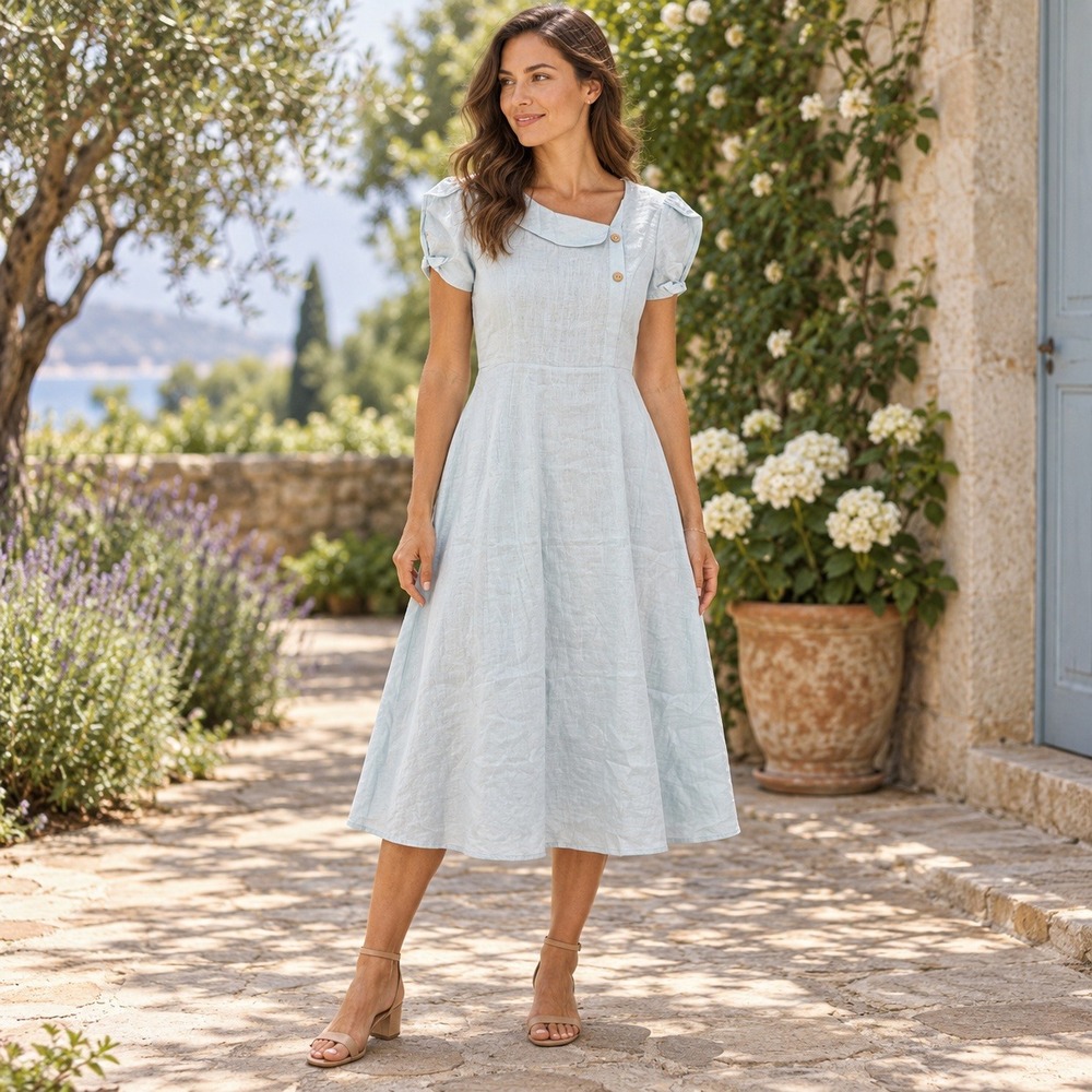 LINTICO Light Blue 100% Linen Midi Dress Asymmetrical Collar Short Sleeve Size M